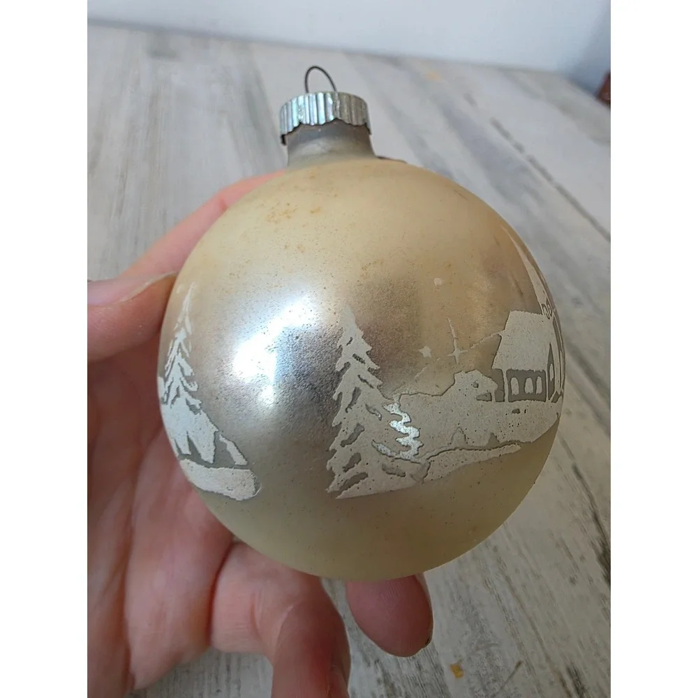Vintage shiny Bright stencil Church scene matte ornament Xmas tree